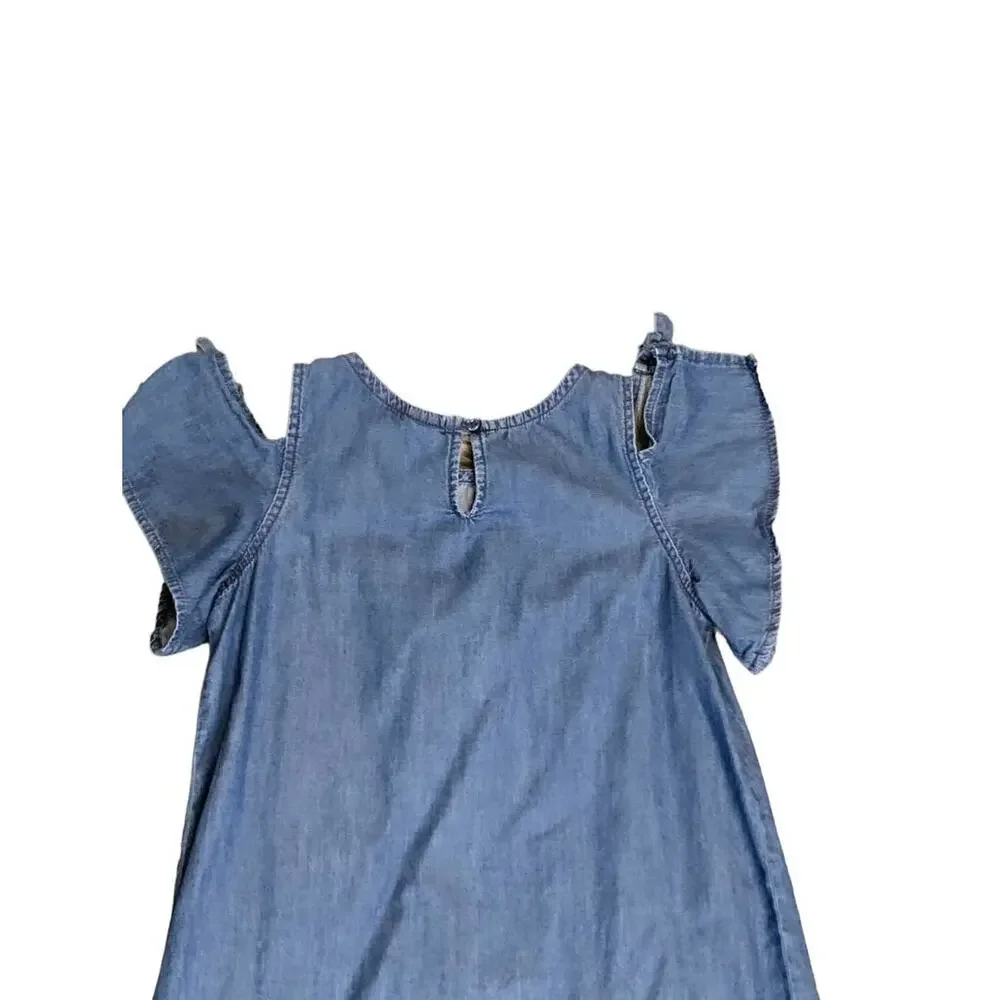 Crazy 8 Girls Chambray Denim Ruffled Aline Dress Cold Shoulder SZ 10 Cotton Blue